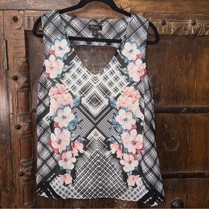 Thalia Sodi Floral Plaid Sleeveless Keyhole Blouse – Size L